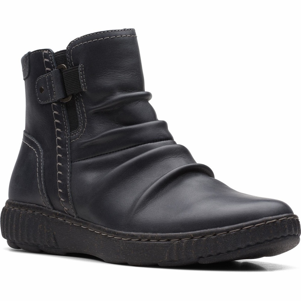 Clarks Womens Caroline Orchid Ruched Boots Black Leather Side Zipper 10M - Picture 2 of 10